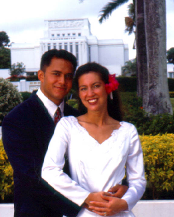 Mormon Temple, Laie, Hawaii A photo of a Hawaiian couple standing in front of the Laie, Hawaii Mormon Temple after being married and sealed.