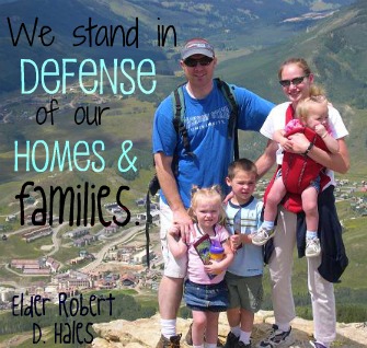 Defense of Homes and Families "We stand in defense of our homes & families." - Elder Robert D. Hales; A photo of a family on a mountain.