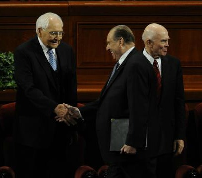 President Monson and Elders Perry and Oaks.