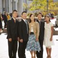 A family stands in front of the Conference Center in Salt Lake City during General Conference.