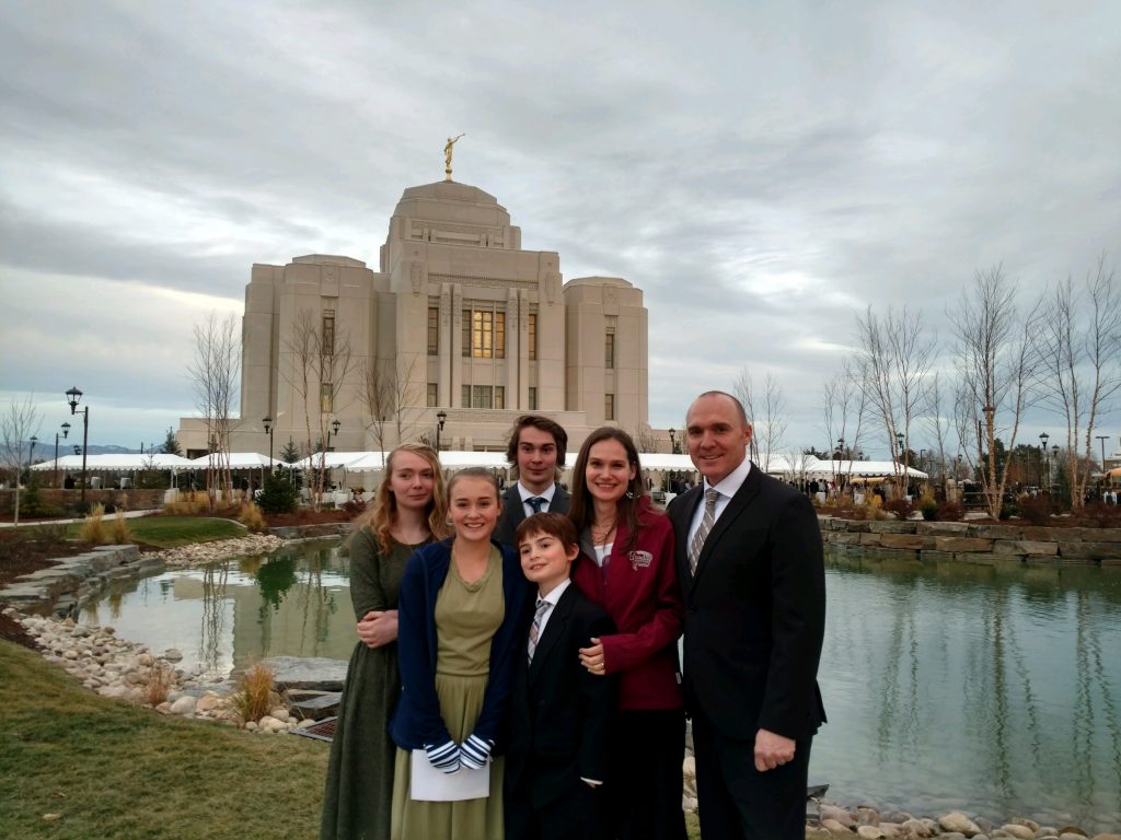Montague family standing outside the newly dedicated Meridian Idaho Mormon Temple.