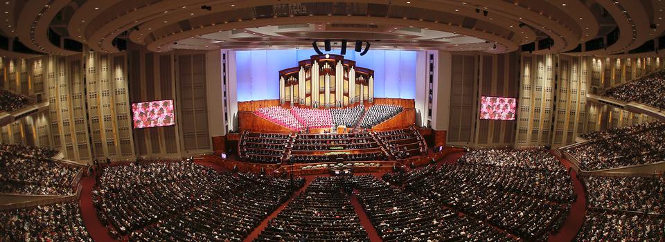 Members of The Church of Jesus Christ of Latter-day Saints gather for a session of general conference at the Conference Center in Salt Lake City April 2019.