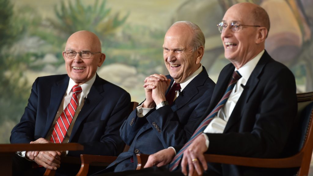 Mormon President Russel M. Nelson, center, and his counselors, President Dallin H. Oaks, left, and President Henry B. Eyring, right.
