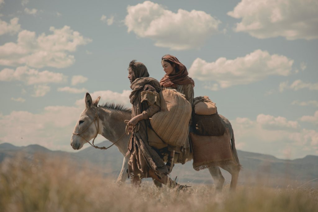 Joseph leads the donkey on which Mary is riding into Bethlehem. 