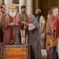 The widow pays her last mite in tithing in ancient Jerusalem.